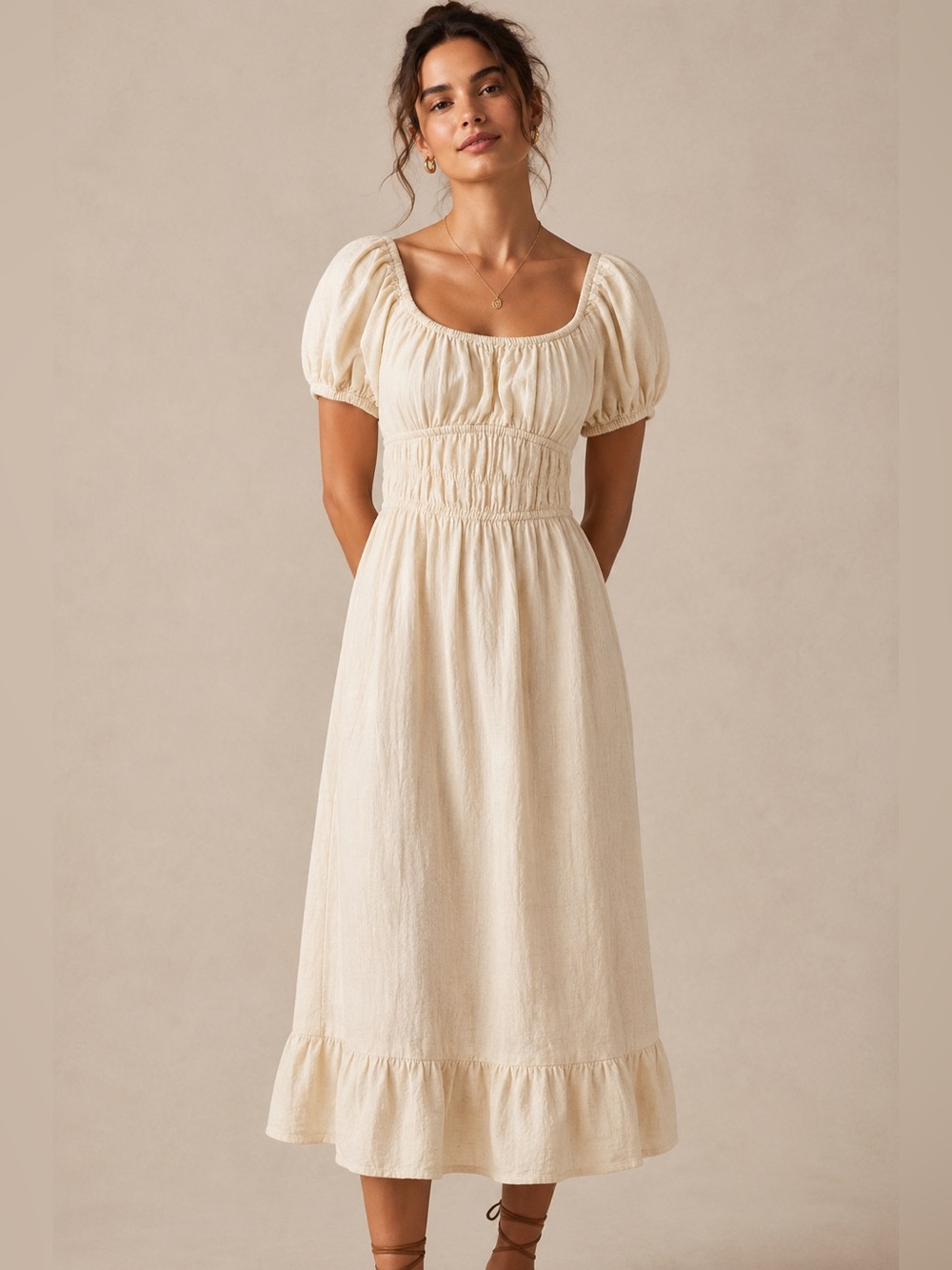 Sim & Sam Cream Smocked Milkmaid Midi Dress Cottagecore Puff Sleeve Size M